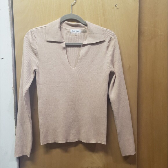CALVIN KLEIN 
Women's 
Johnny Collar VNeck Lightweight LongSleeve Sweater small - Picture 1 of 3